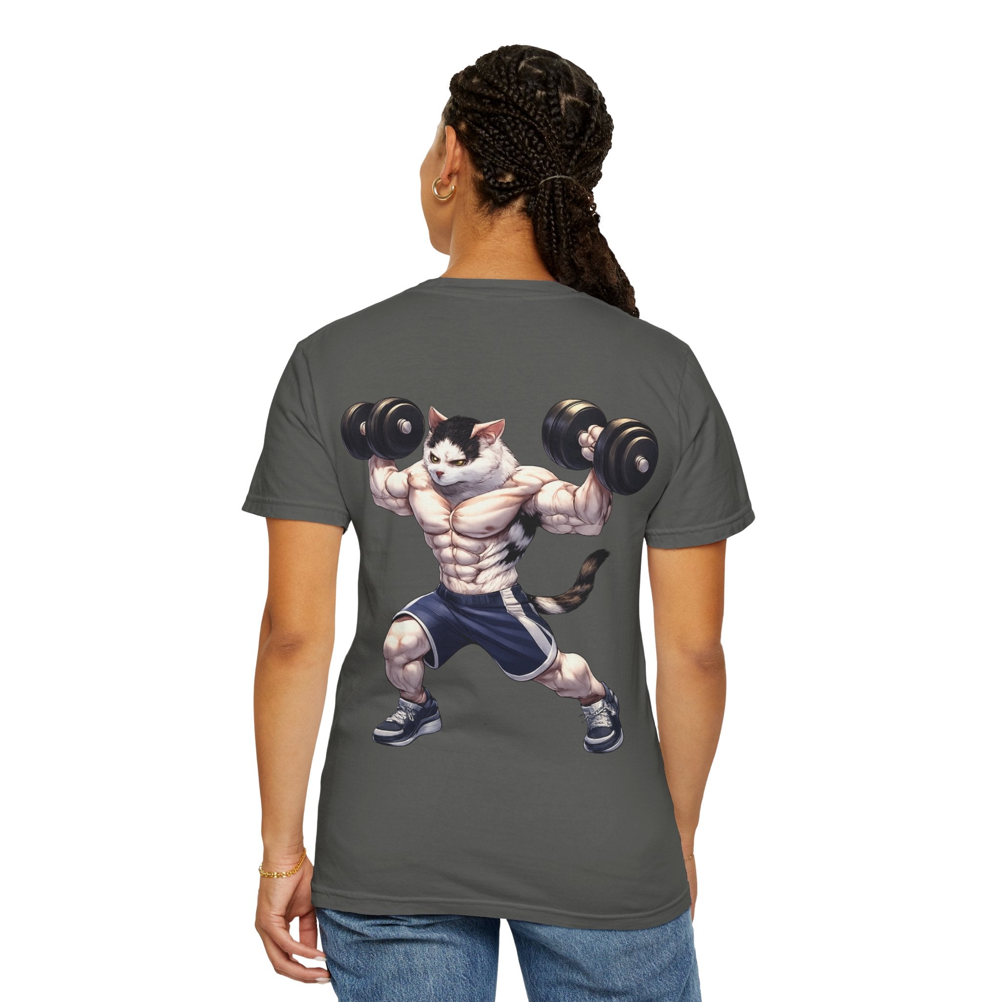 Buff Cat Gym Workout T-Shirt — Funny Muscular White Cat with Black Spots Lifting Dumbbells