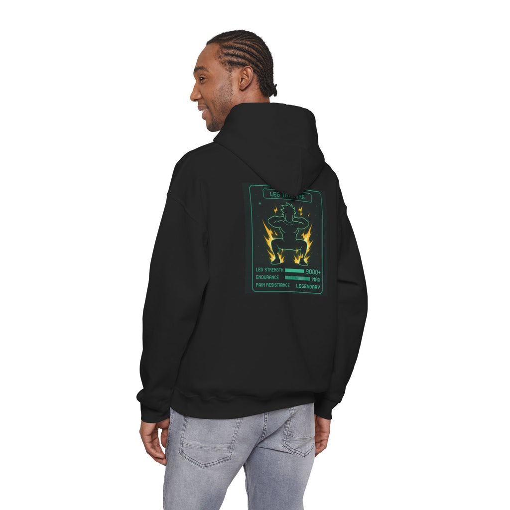 Leg Training Stats 9000+ RPG Gym Hoodie — Men’s Gaming Leg Day Motivation