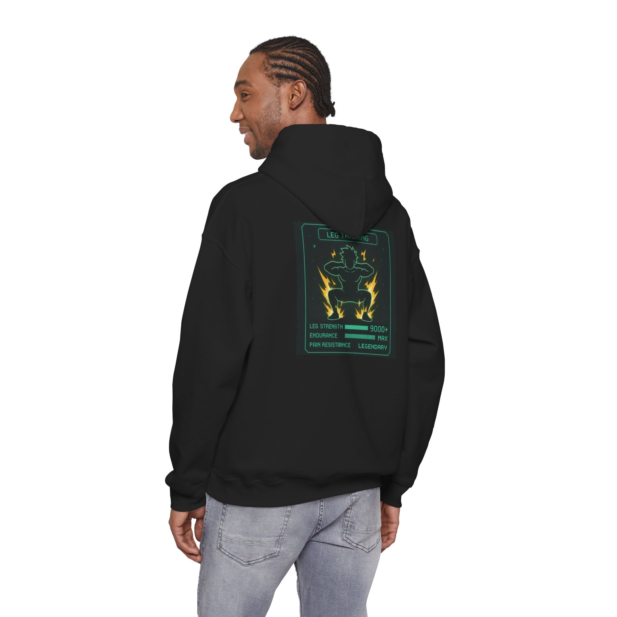 Leg Training Stats 9000+ RPG Gym Hoodie — Men’s Gaming Leg Day Motivation