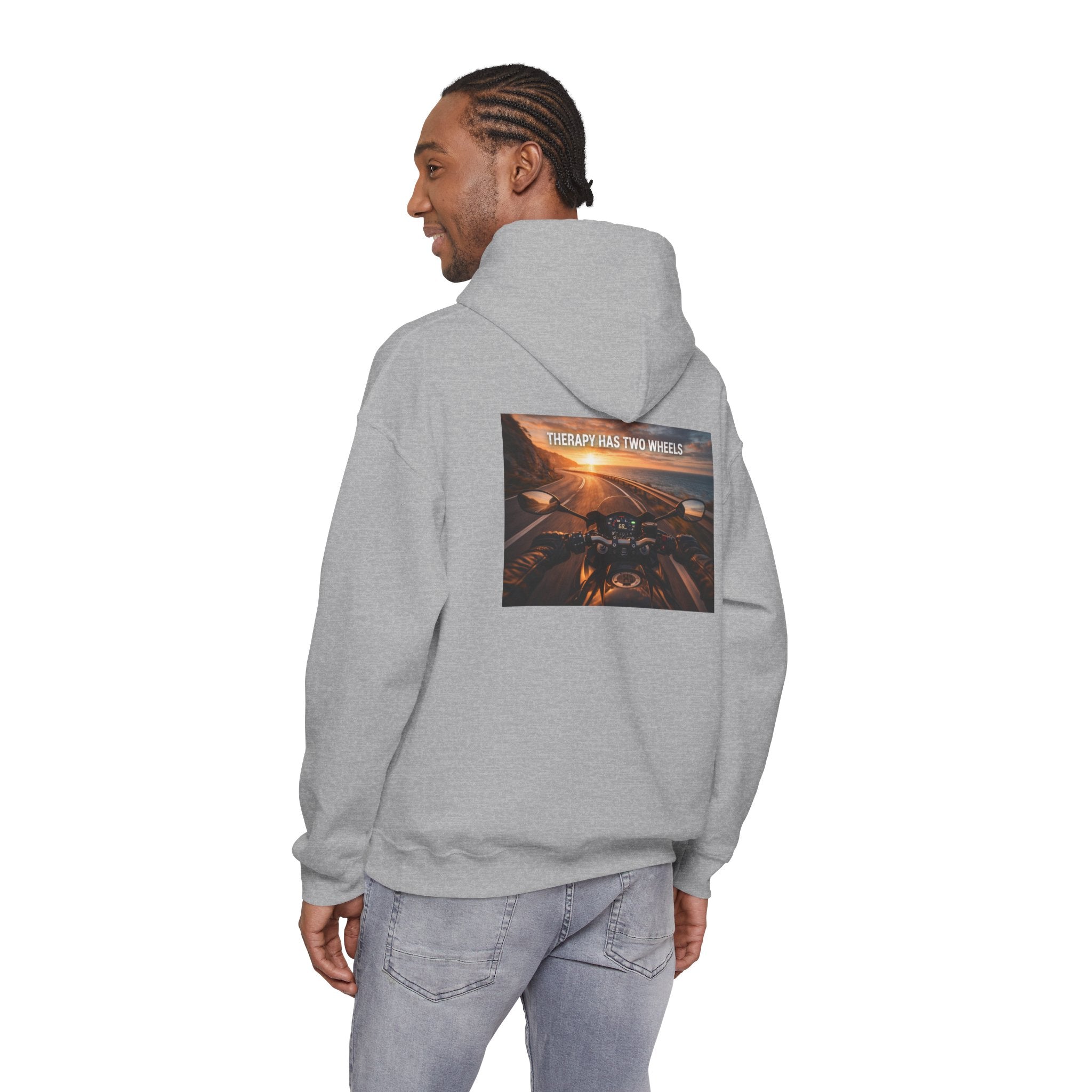 Therapy Has Two Wheels Hoodie — POV Rider Motorcycle Sunset Sweatshirt