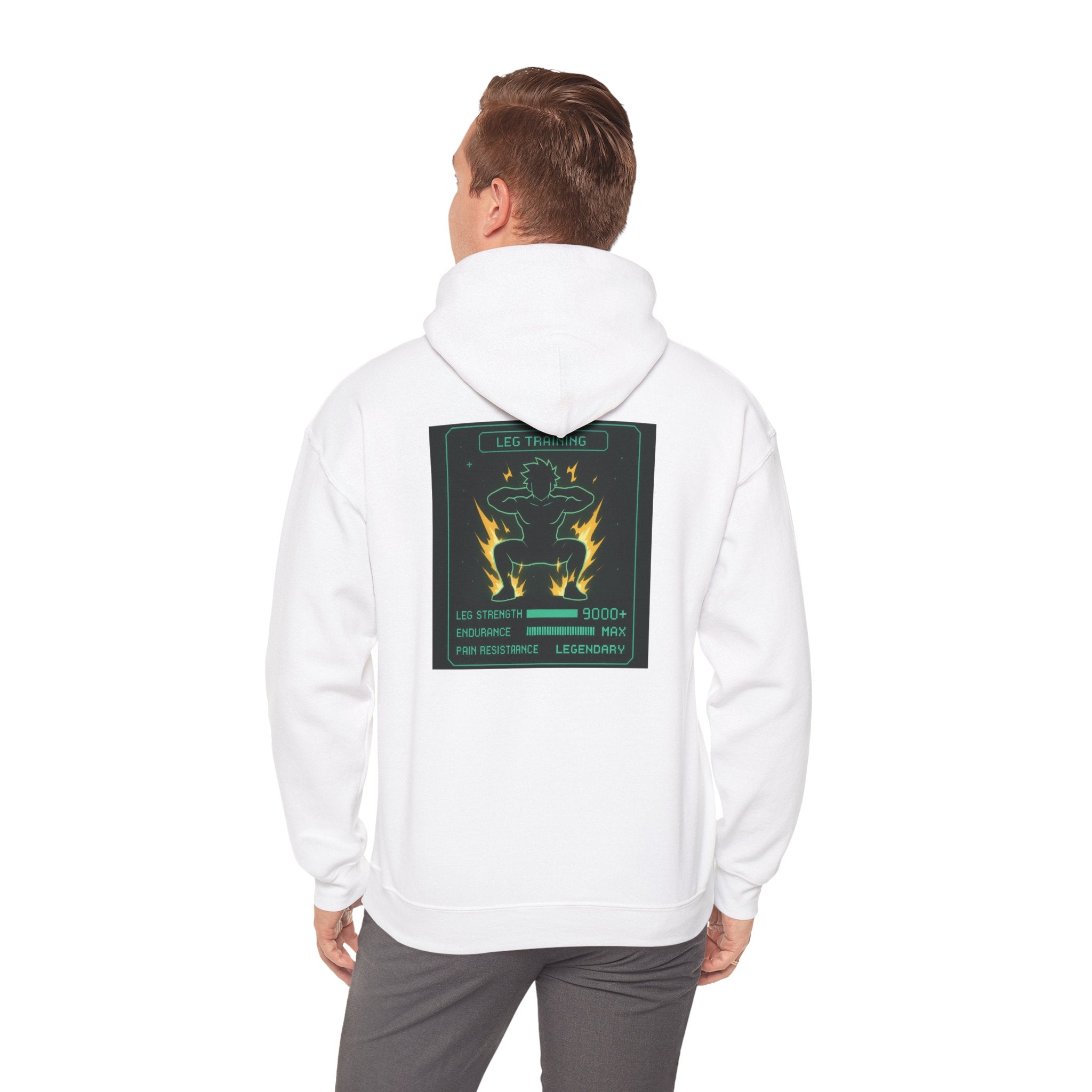 Leg Training Stats 9000+ RPG Gym Hoodie — Men’s Gaming Leg Day Motivation