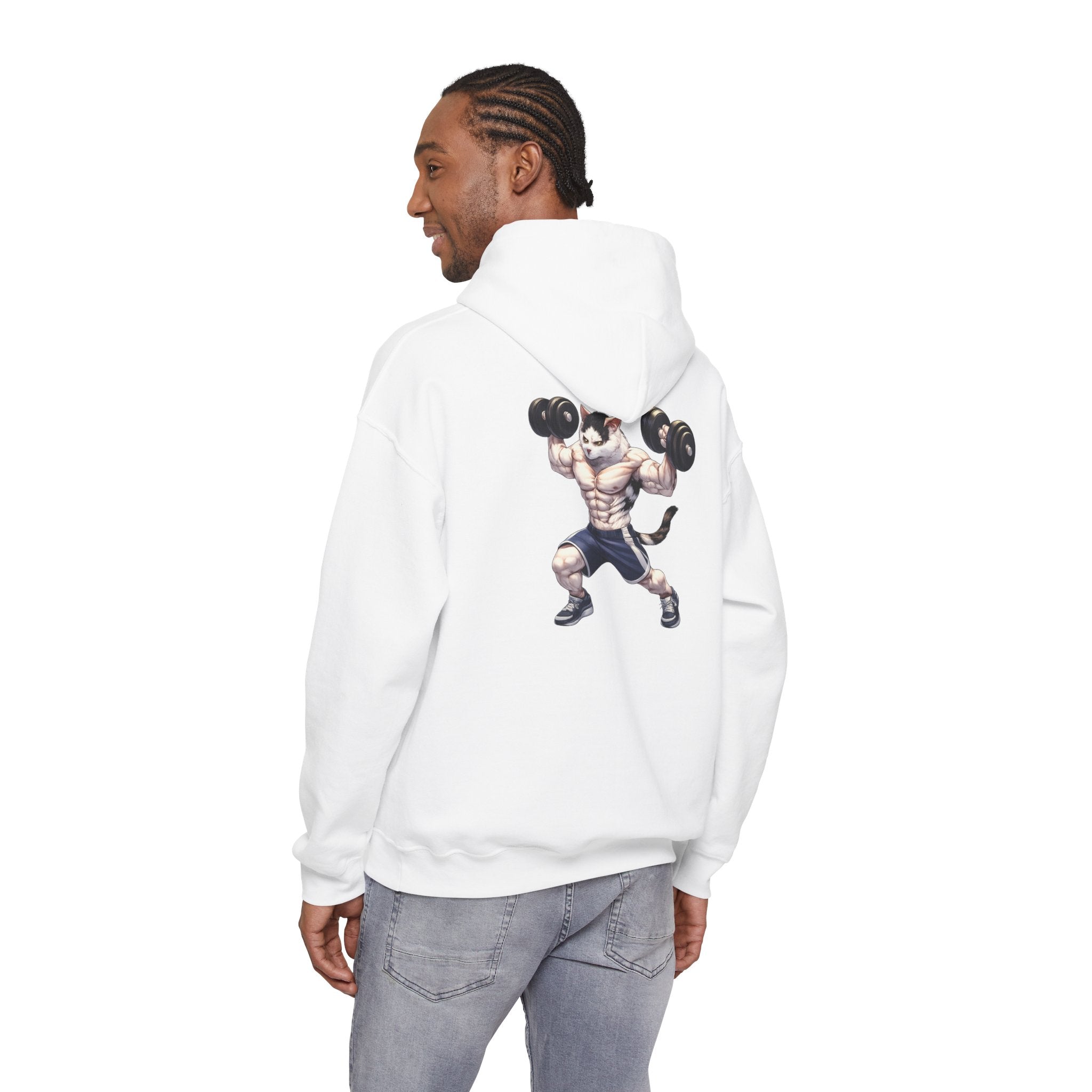 Buff Cat Gym Workout Hoodie — Funny Muscular White Cat with Black Spots Lifting Dumbbells