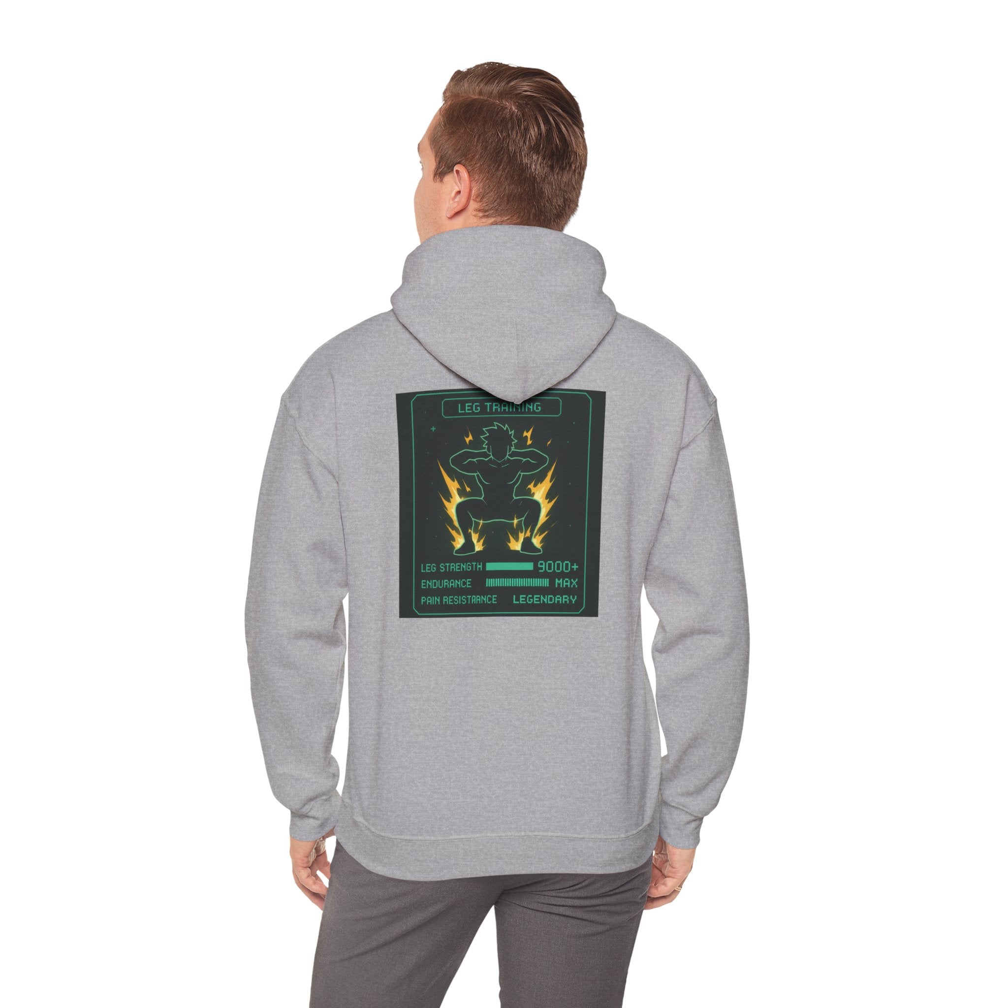 Leg Training Stats 9000+ RPG Gym Hoodie — Men’s Gaming Leg Day Motivation