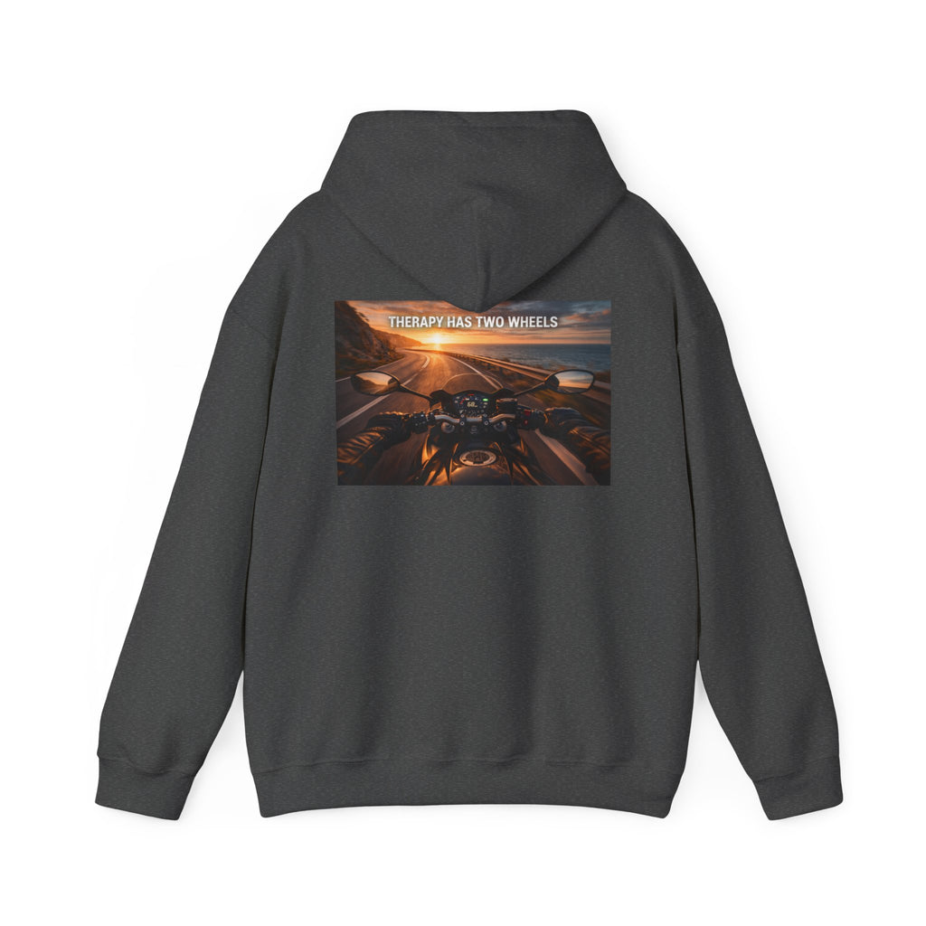 Therapy Has Two Wheels Hoodie — POV Rider Motorcycle Sunset Sweatshirt