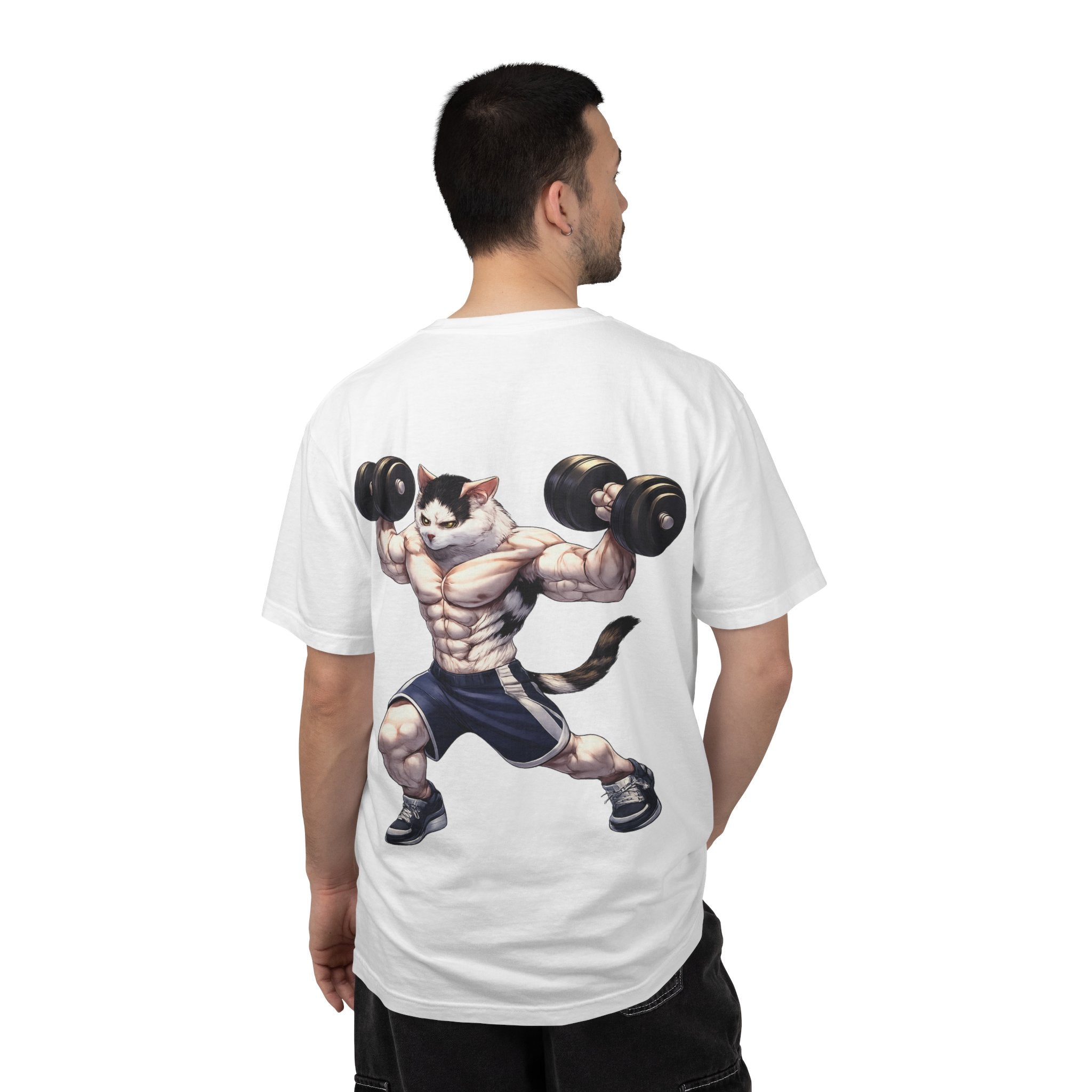 Buff Cat Gym Workout T-Shirt — Funny Muscular White Cat with Black Spots Lifting Dumbbells
