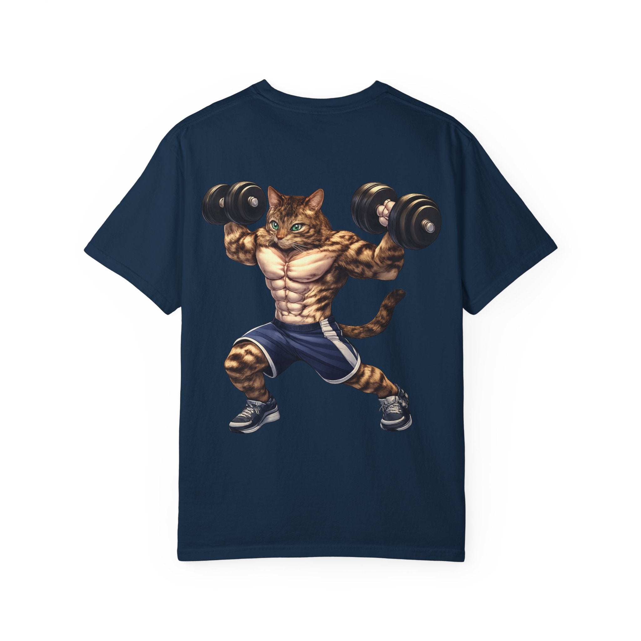 Buff Tiger Cat Gym Workout T-Shirt — Funny Muscular Tabby Cat Lifting Dumbbells
