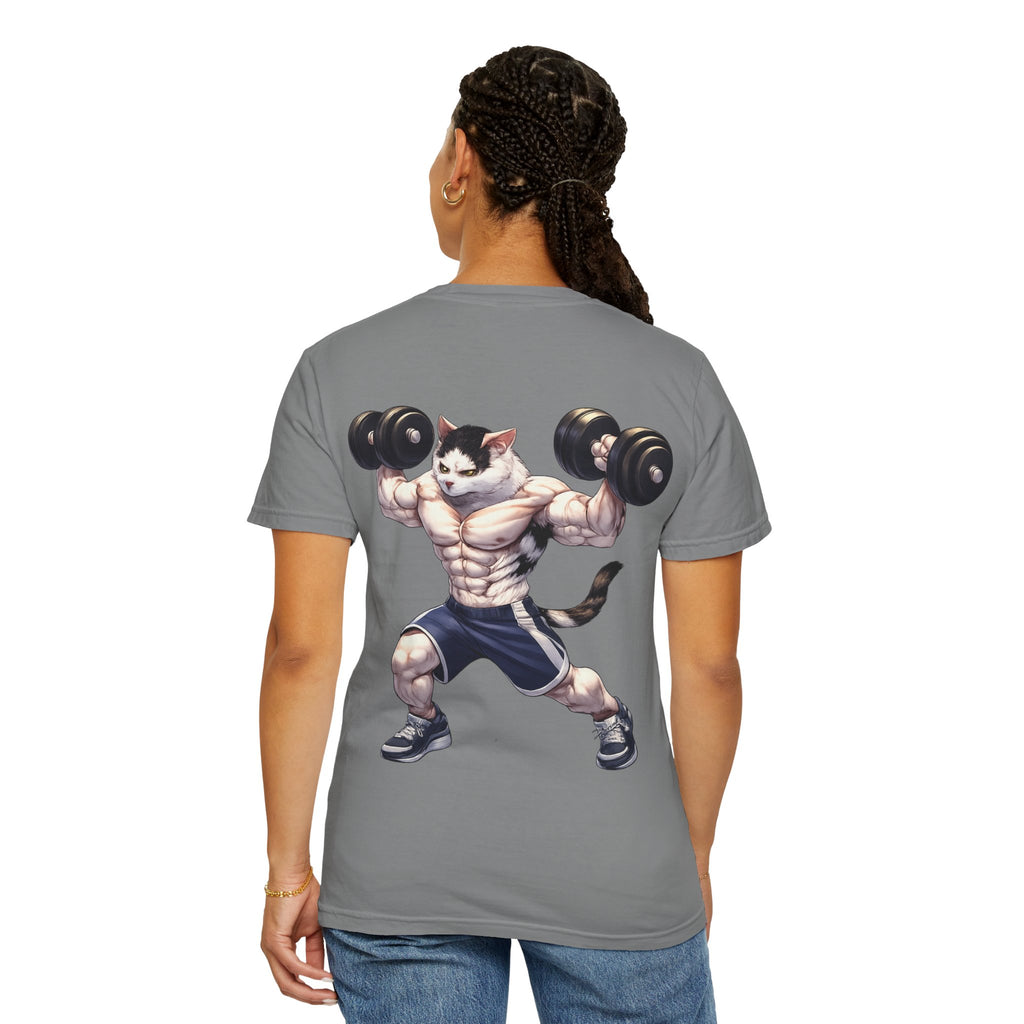 Buff Cat Gym Workout T-Shirt — Funny Muscular White Cat with Black Spots Lifting Dumbbells