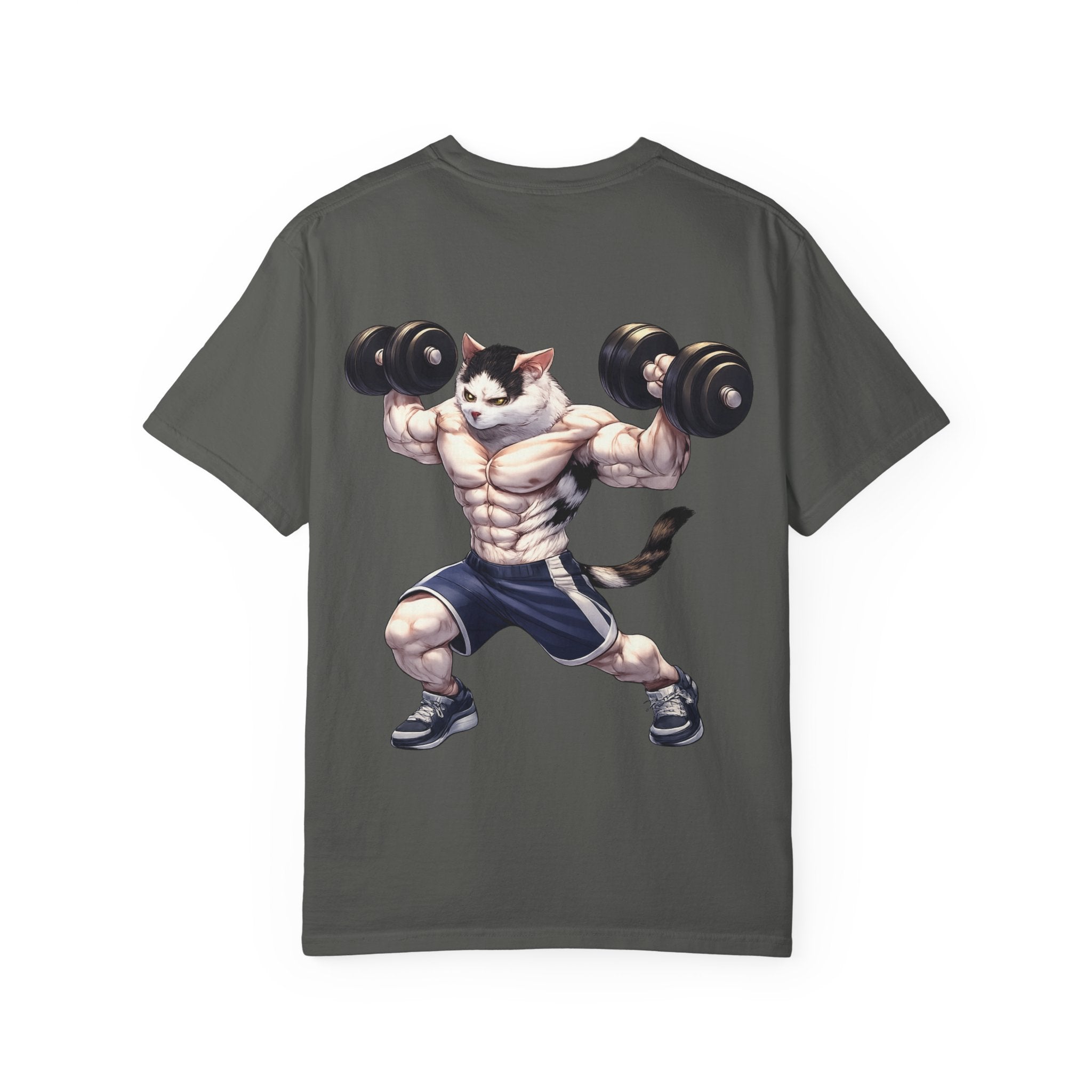 Buff Cat Gym Workout T-Shirt — Funny Muscular White Cat with Black Spots Lifting Dumbbells