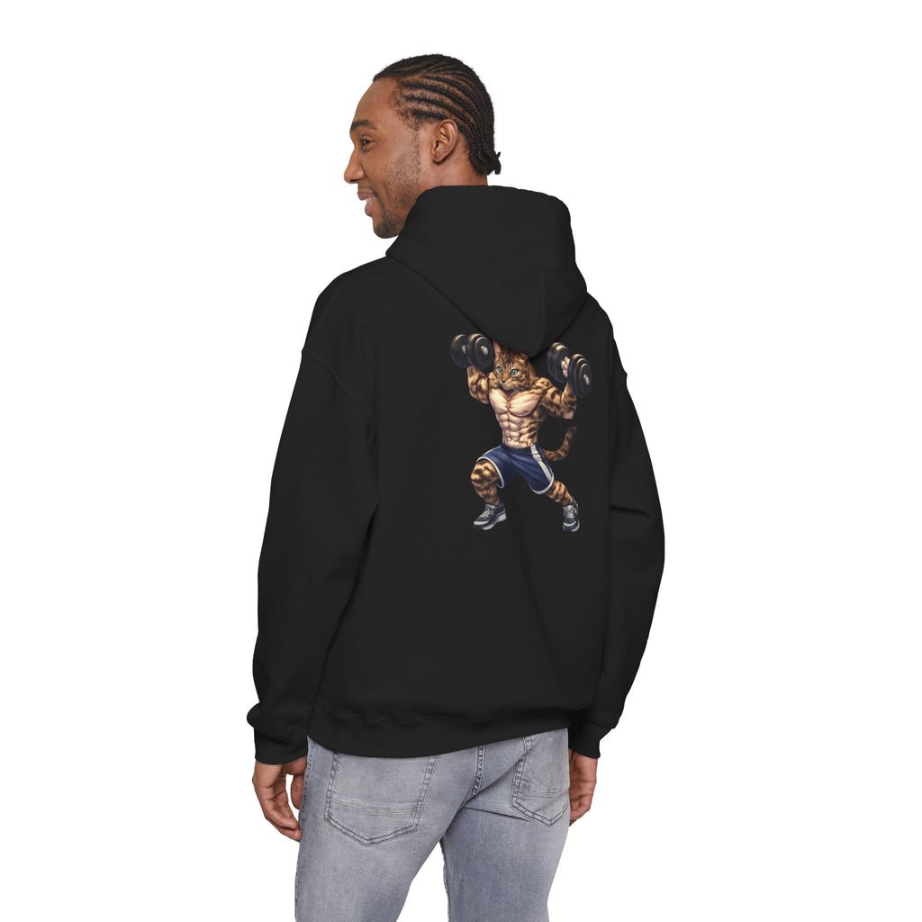 Buff Tiger Tabby Gym Hoodie — Funny Muscular Cat Lifting Dumbbells