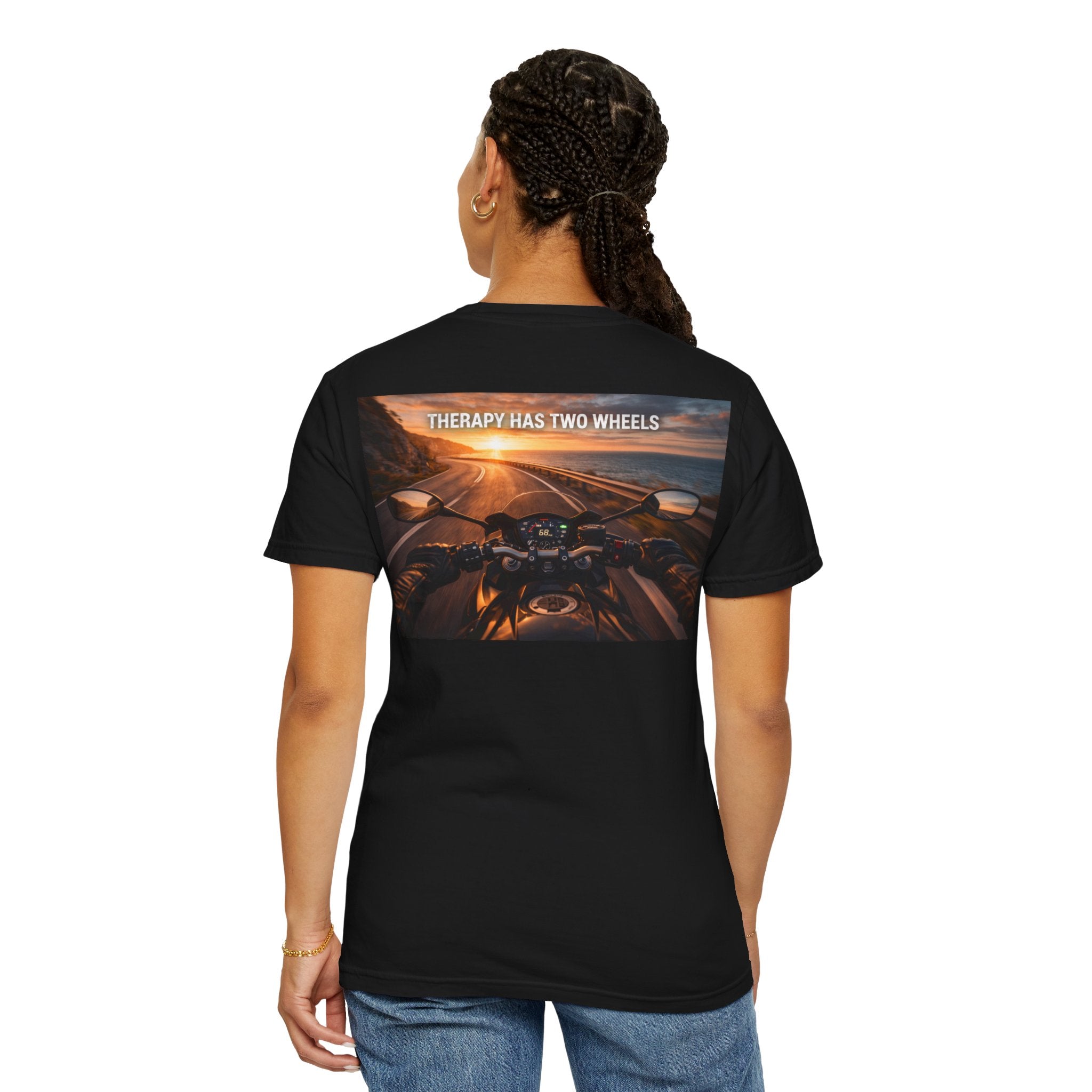 Therapy Has Two Wheels Motorcycle T-Shirt — POV Rider Sunset Ride