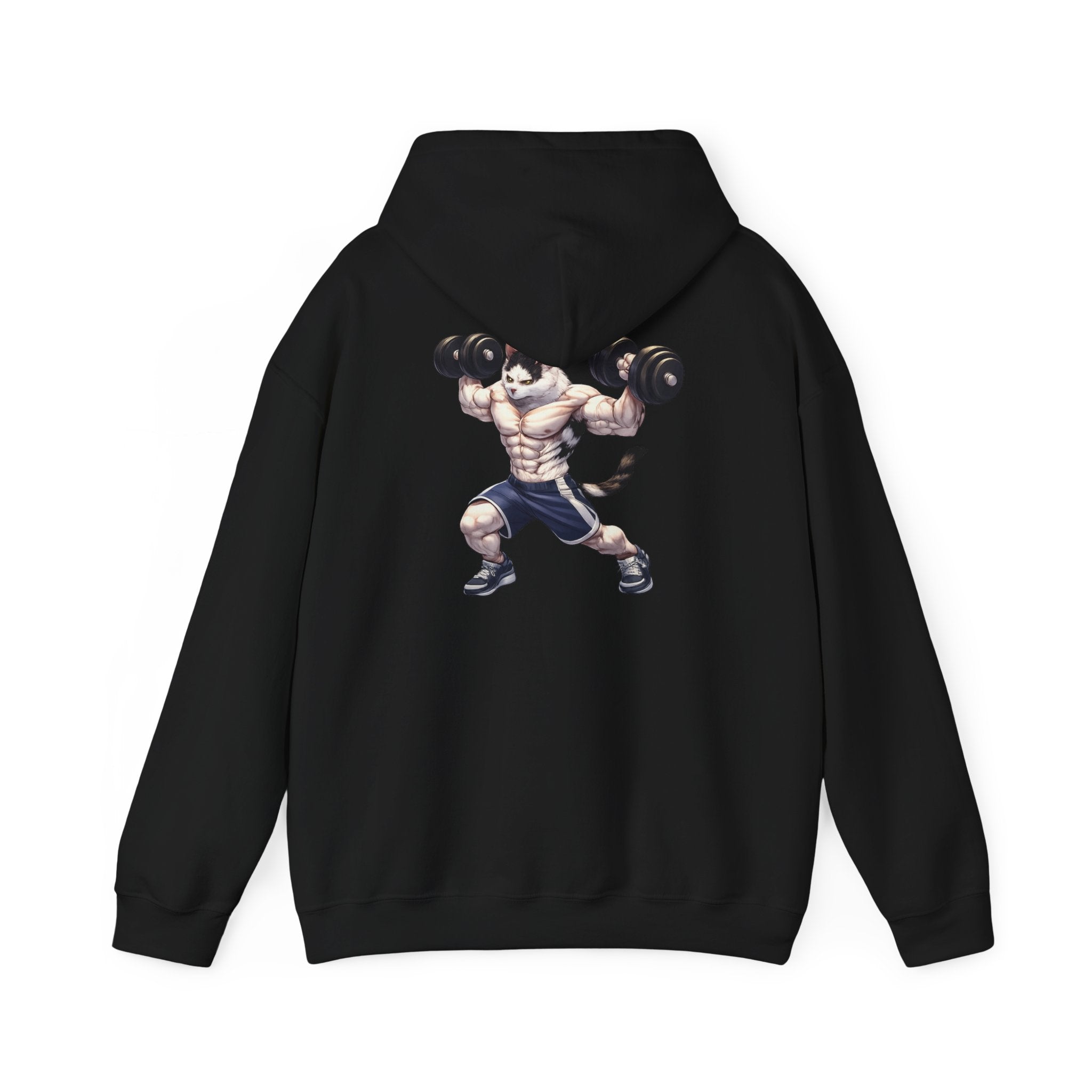 Buff Cat Gym Workout Hoodie — Funny Muscular White Cat with Black Spots Lifting Dumbbells