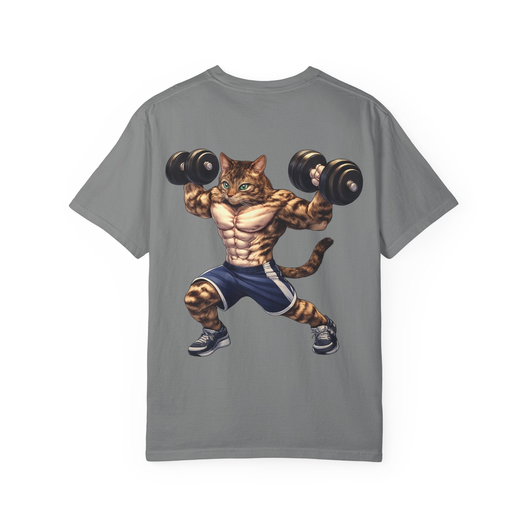 Buff Tiger Cat Gym Workout T-Shirt — Funny Muscular Tabby Cat Lifting Dumbbells