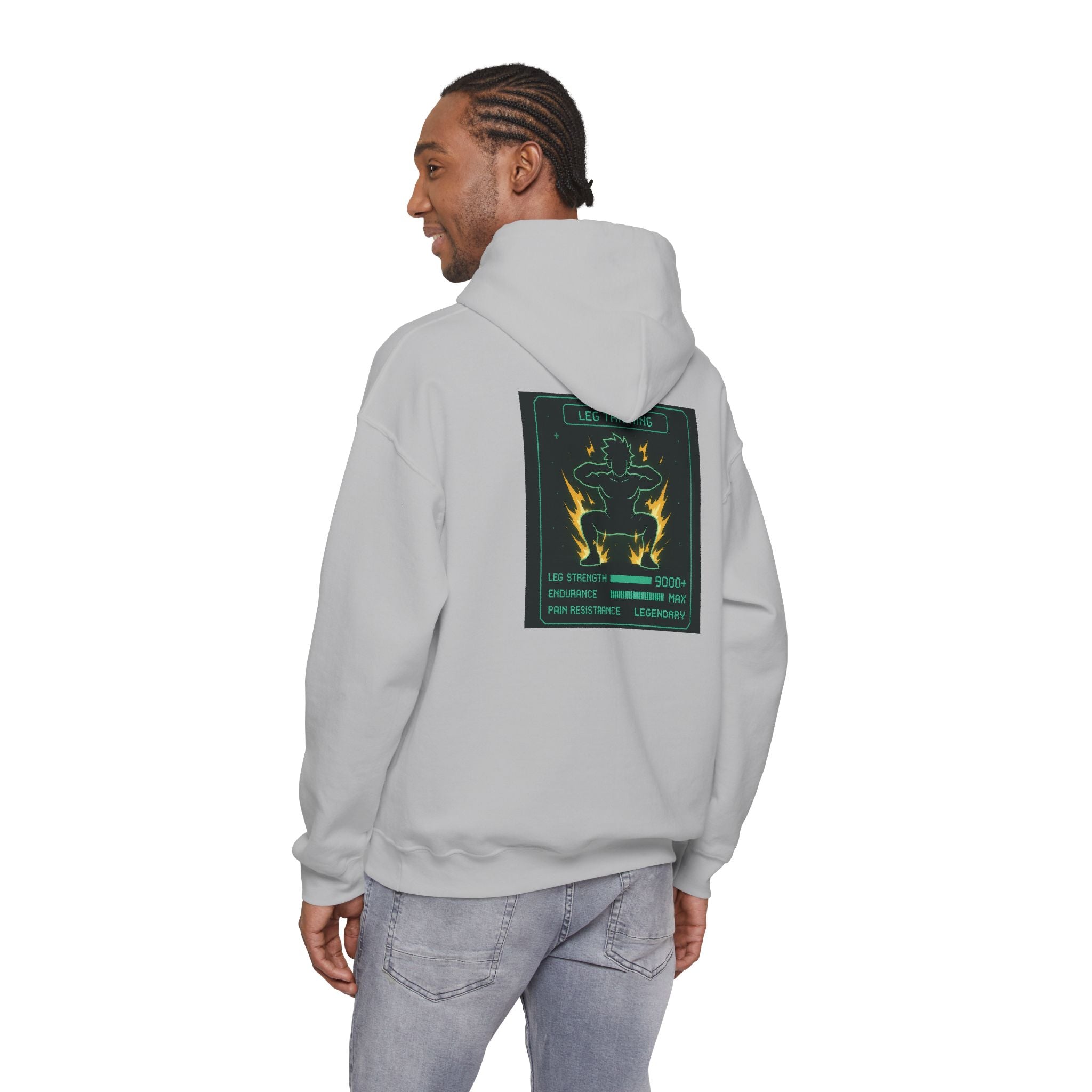 Leg Training Stats 9000+ RPG Gym Hoodie — Men’s Gaming Leg Day Motivation