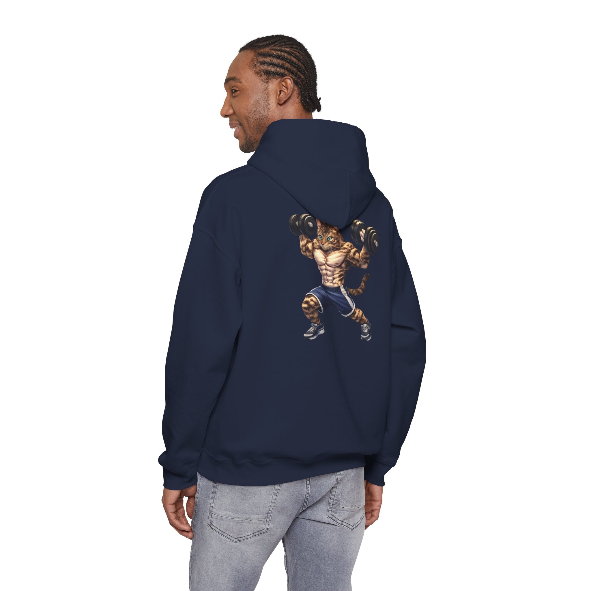 Buff Tiger Tabby Gym Hoodie — Funny Muscular Cat Lifting Dumbbells
