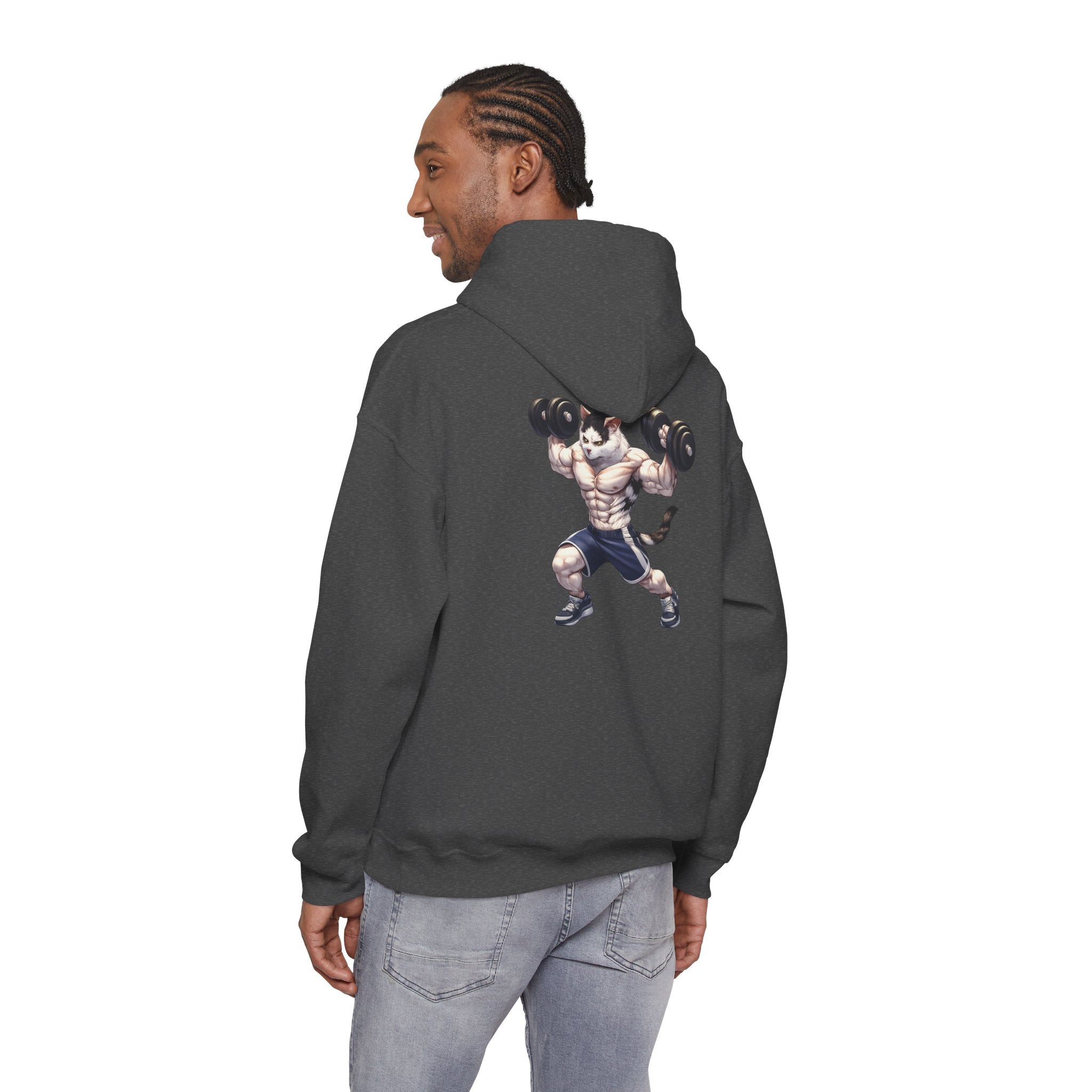 Buff Cat Gym Workout Hoodie — Funny Muscular White Cat with Black Spots Lifting Dumbbells