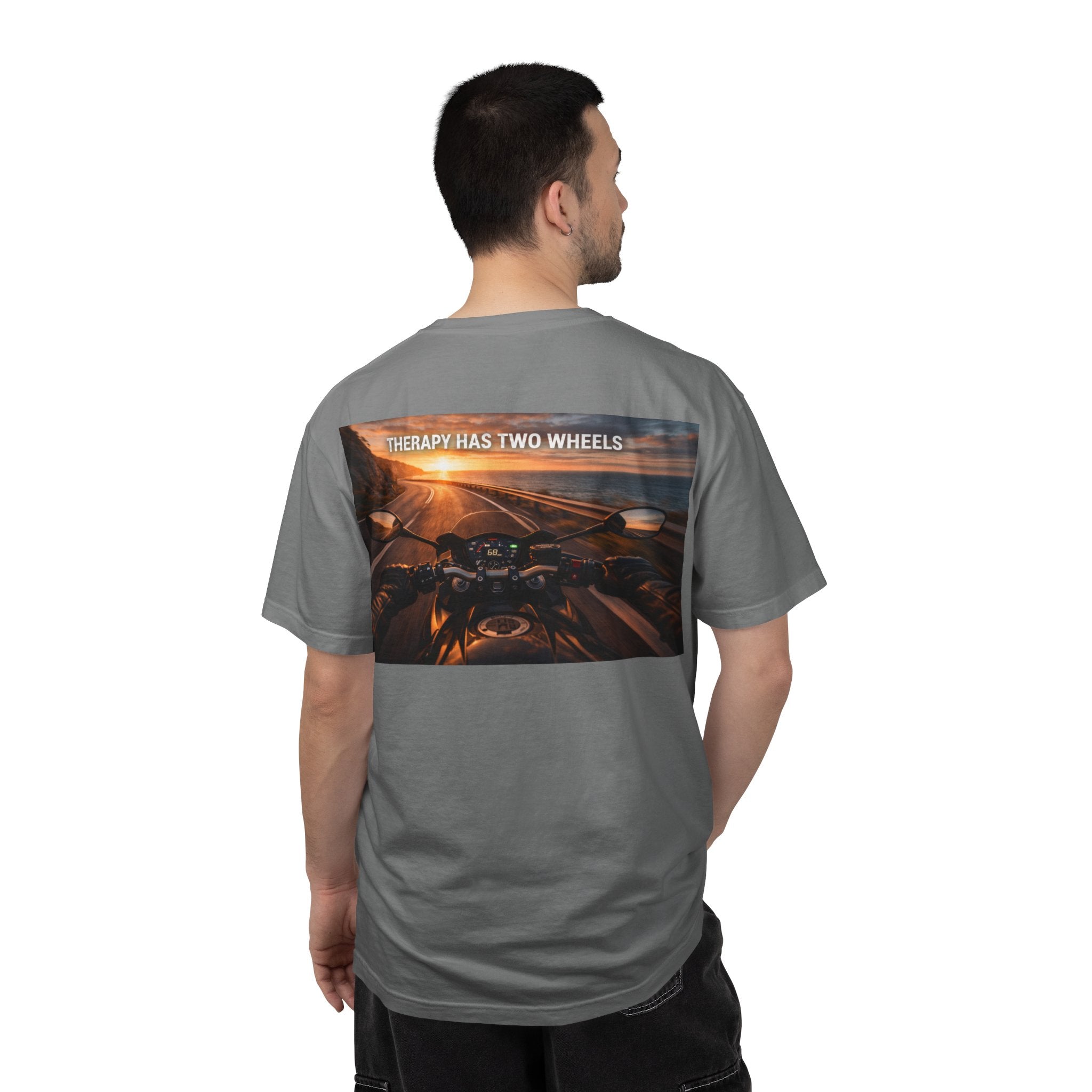 Therapy Has Two Wheels Motorcycle T-Shirt — POV Rider Sunset Ride