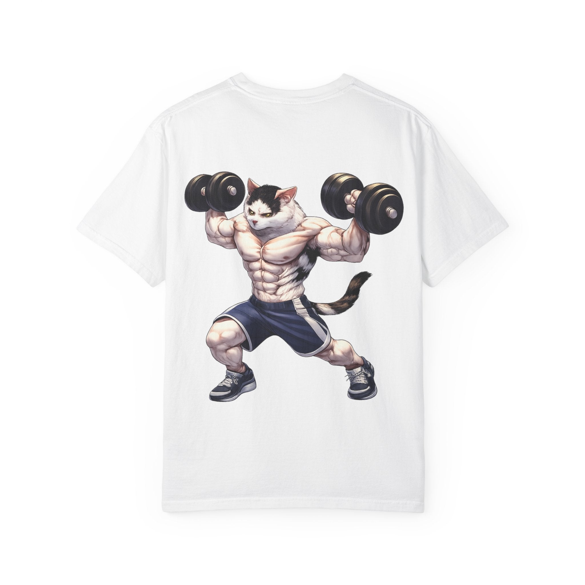 Buff Cat Gym Workout T-Shirt — Funny Muscular White Cat with Black Spots Lifting Dumbbells