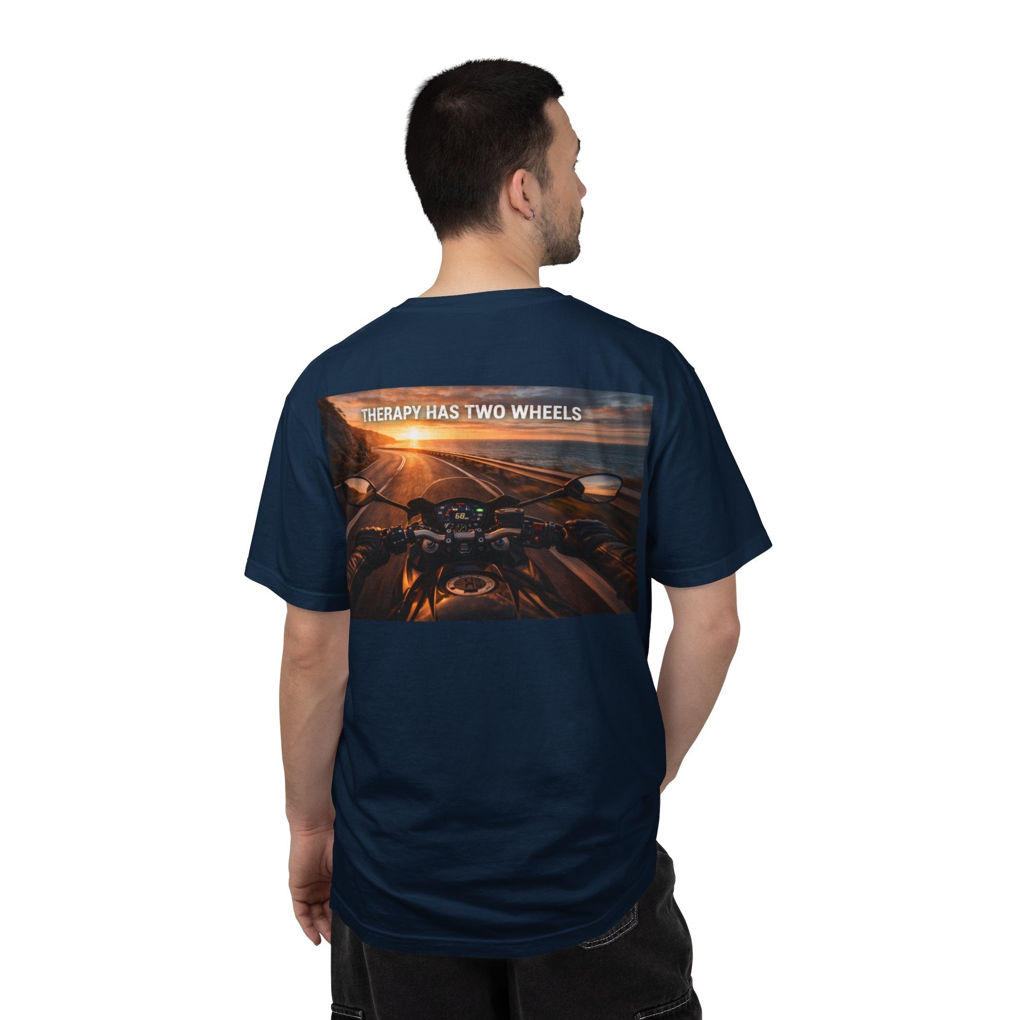 Therapy Has Two Wheels Motorcycle T-Shirt — POV Rider Sunset Ride