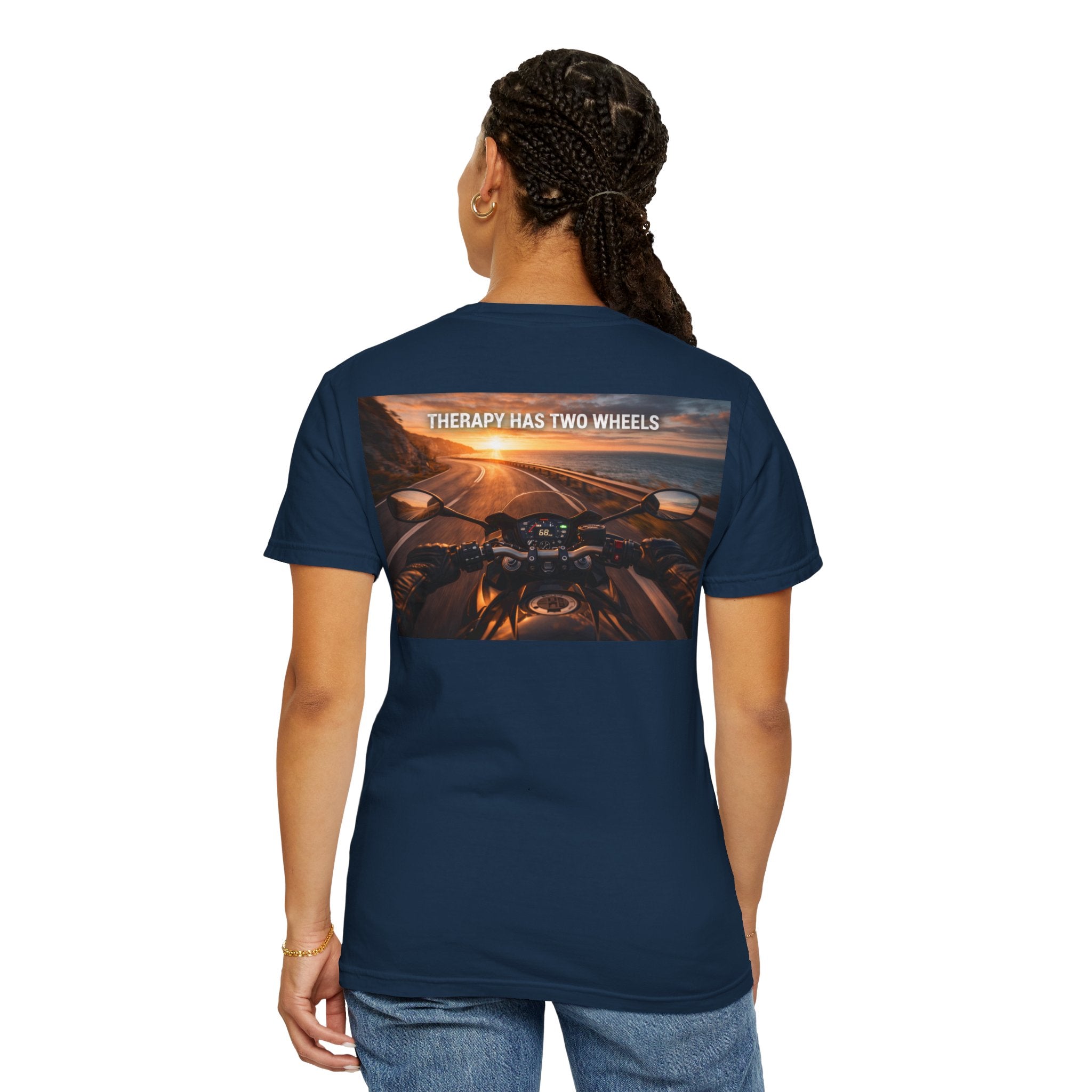 Therapy Has Two Wheels Motorcycle T-Shirt — POV Rider Sunset Ride