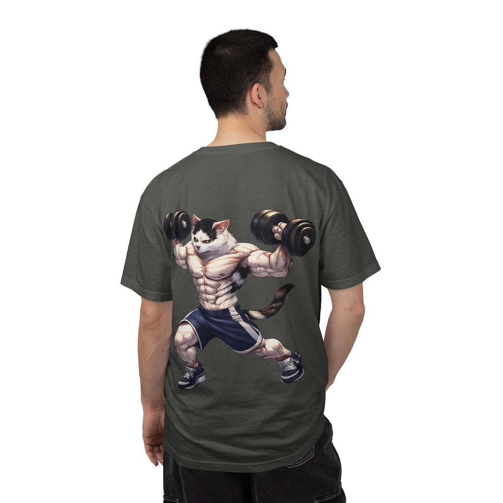 Buff Cat Gym Workout T-Shirt — Funny Muscular White Cat with Black Spots Lifting Dumbbells
