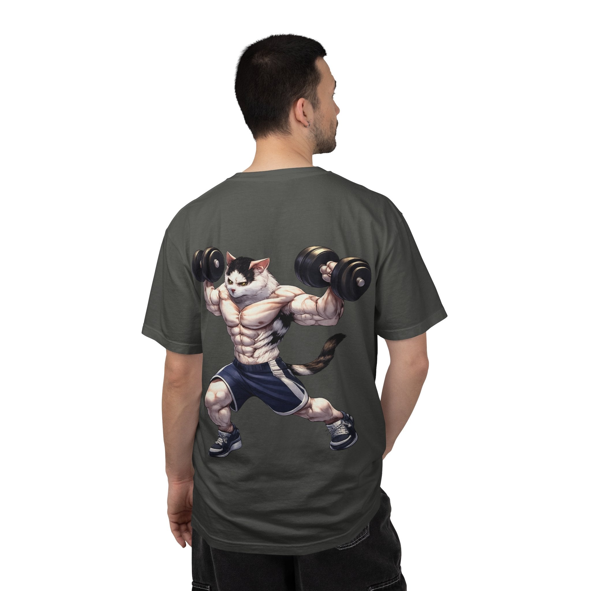 Buff Cat Gym Workout T-Shirt — Funny Muscular White Cat with Black Spots Lifting Dumbbells