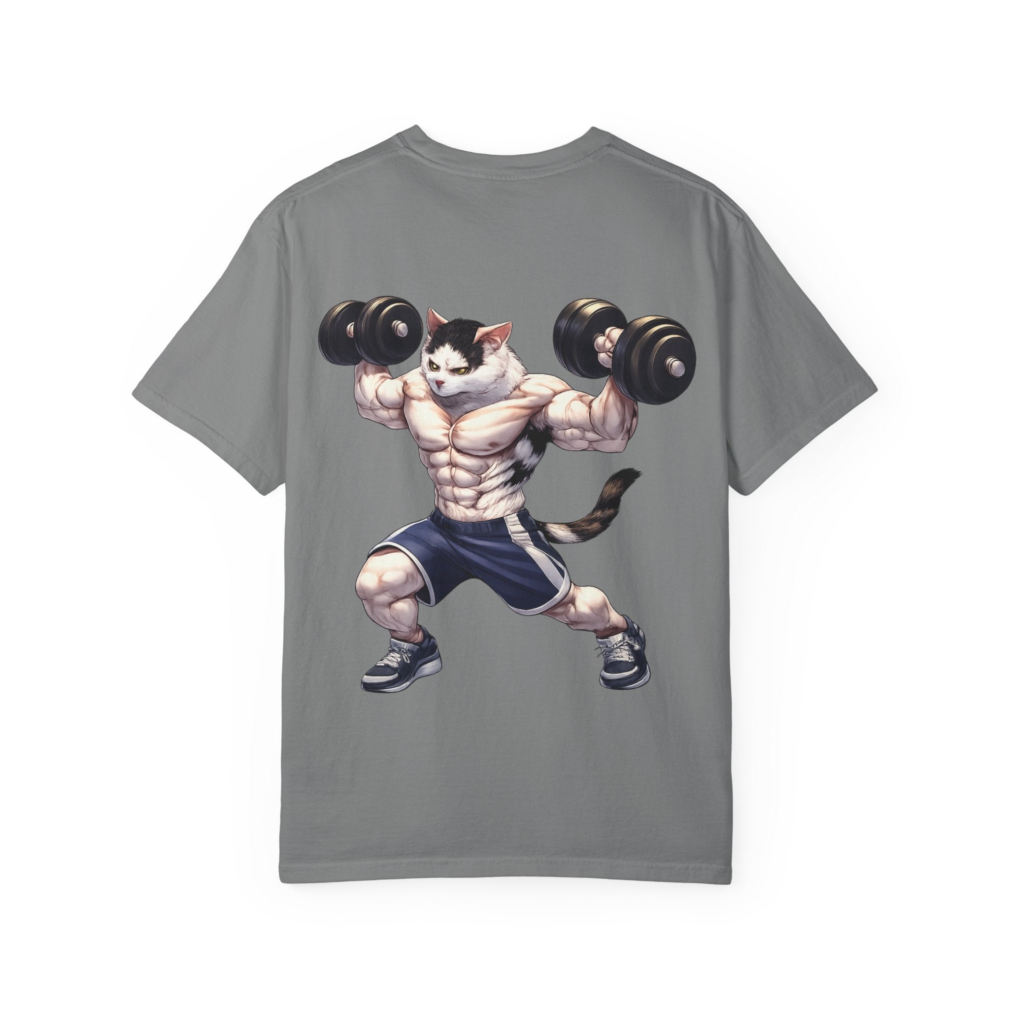 Buff Cat Gym Workout T-Shirt — Funny Muscular White Cat with Black Spots Lifting Dumbbells