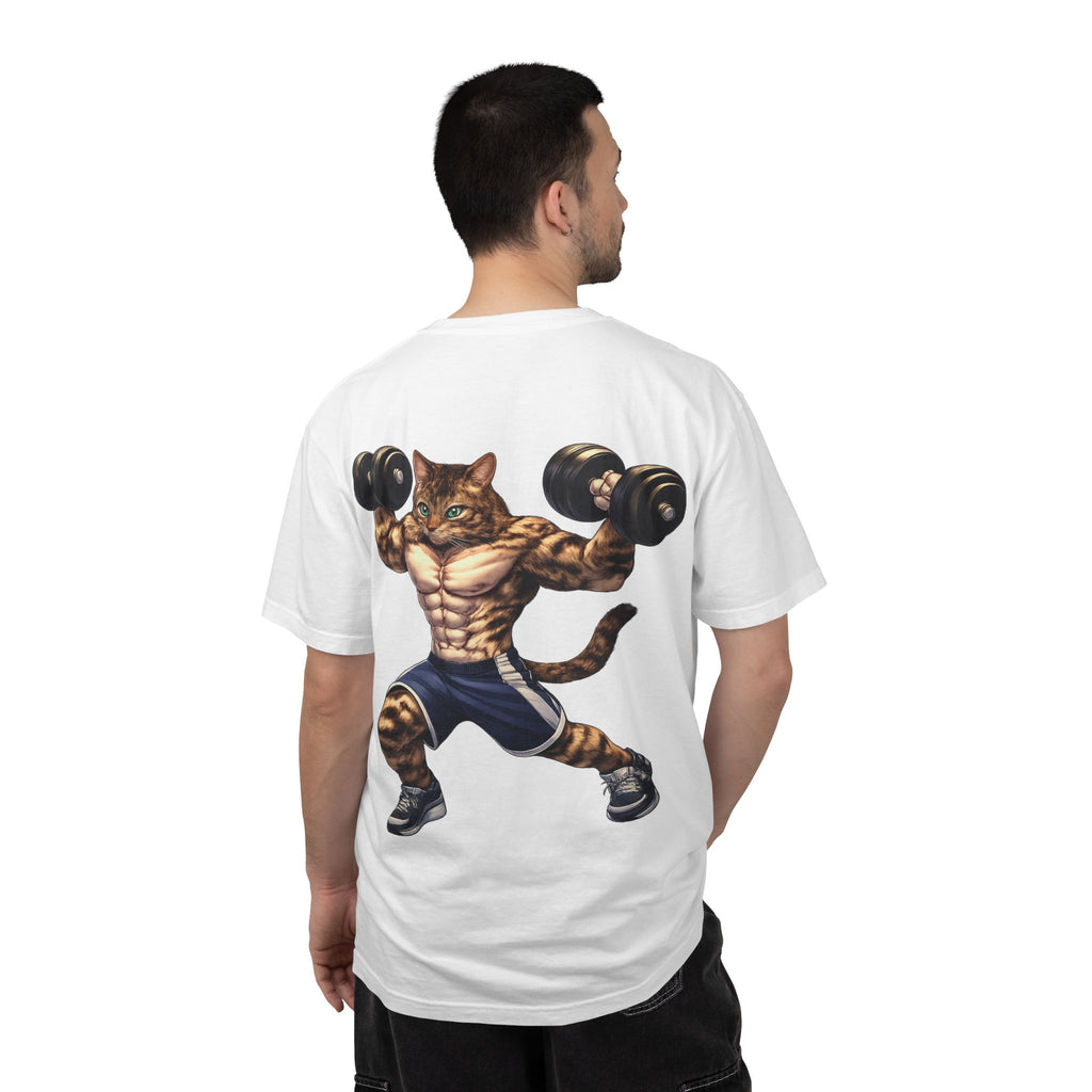 Buff Tiger Cat Gym Workout T-Shirt — Funny Muscular Tabby Cat Lifting Dumbbells