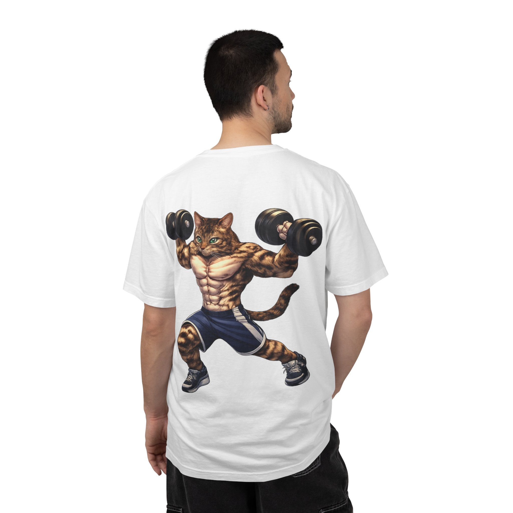 Buff Tiger Cat Gym Workout T-Shirt — Funny Muscular Tabby Cat Lifting Dumbbells