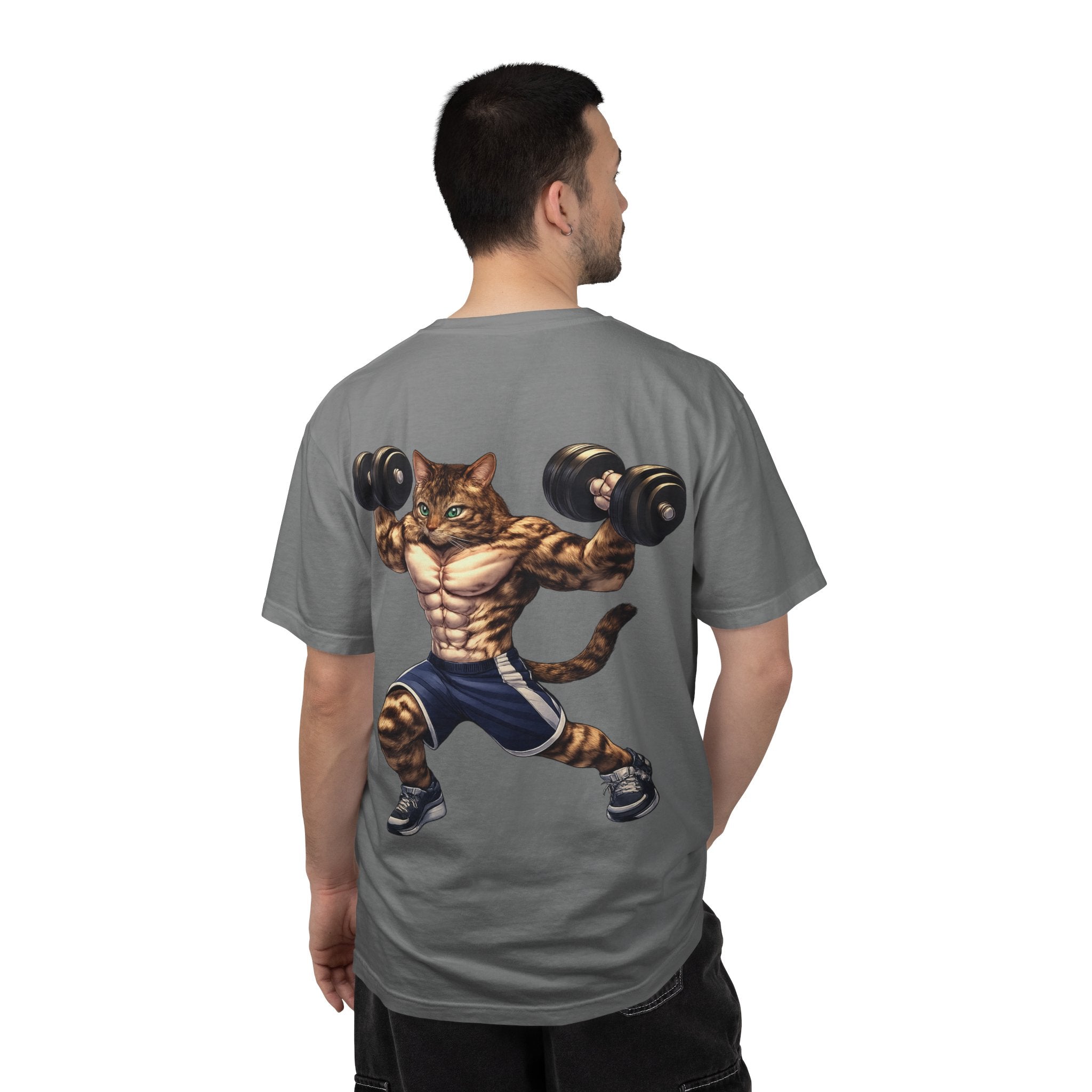 Buff Tiger Cat Gym Workout T-Shirt — Funny Muscular Tabby Cat Lifting Dumbbells