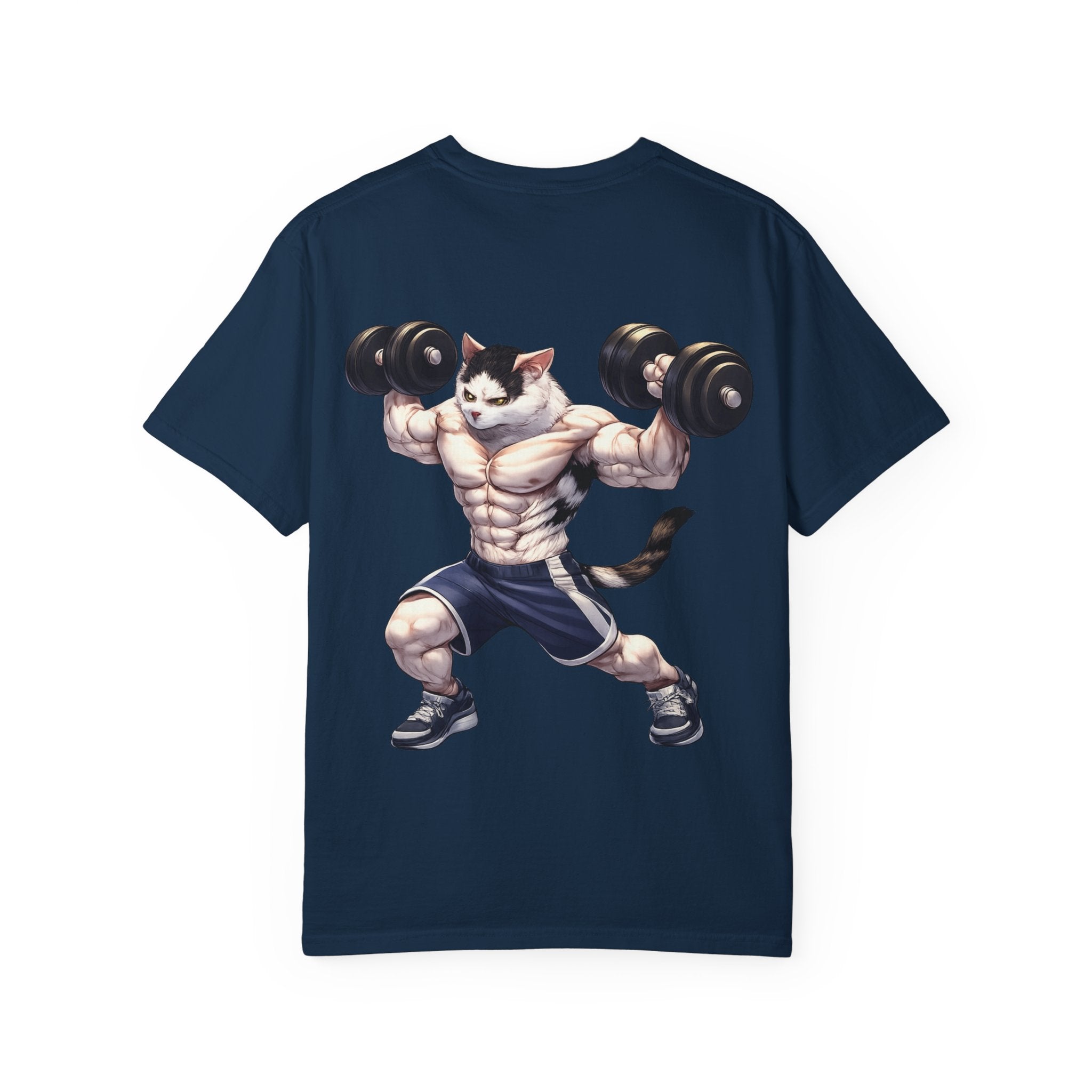 Buff Cat Gym Workout T-Shirt — Funny Muscular White Cat with Black Spots Lifting Dumbbells