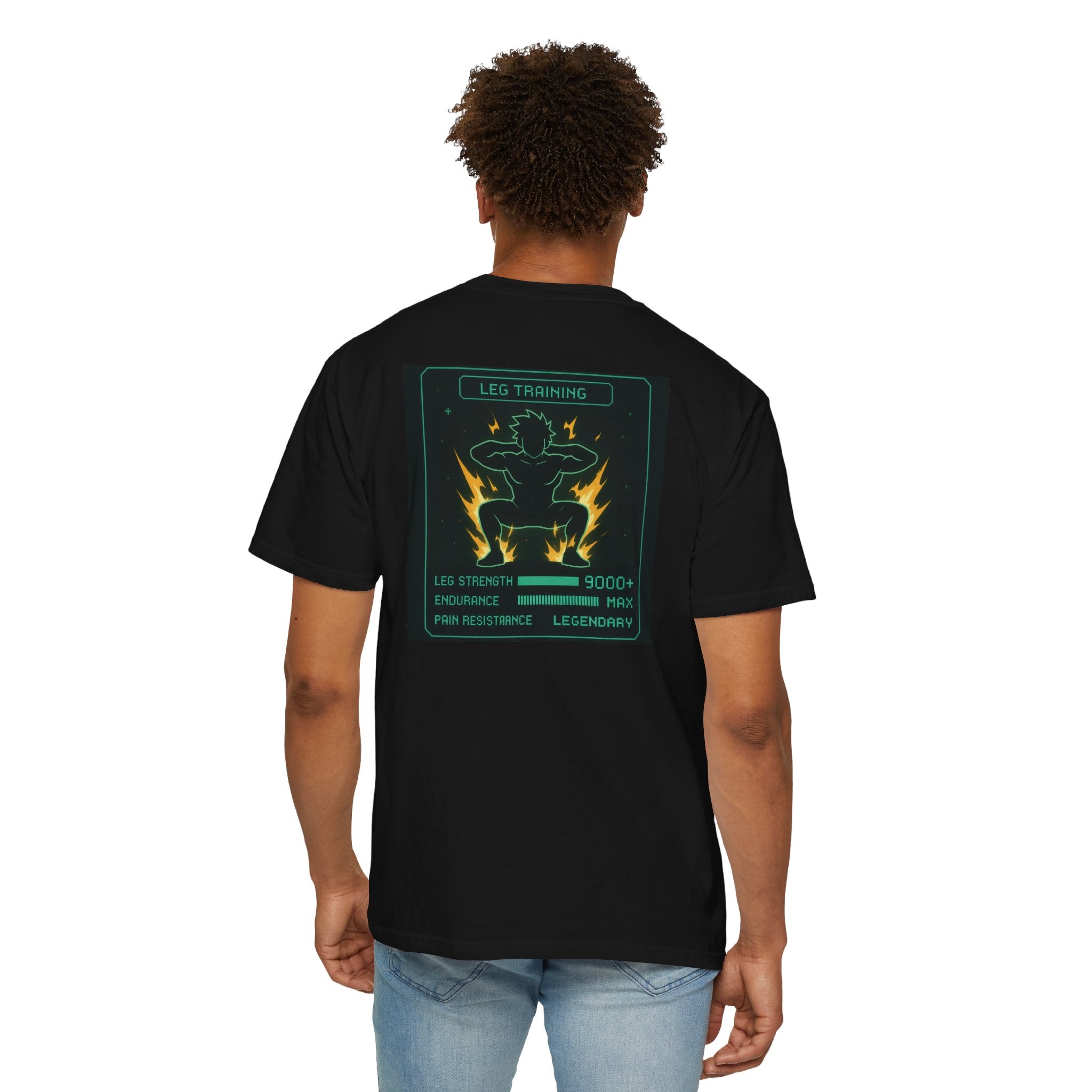 Leg Training Stats 9000+ T-Shirt — Men’s RPG Gaming Gym Leg Day Motivation