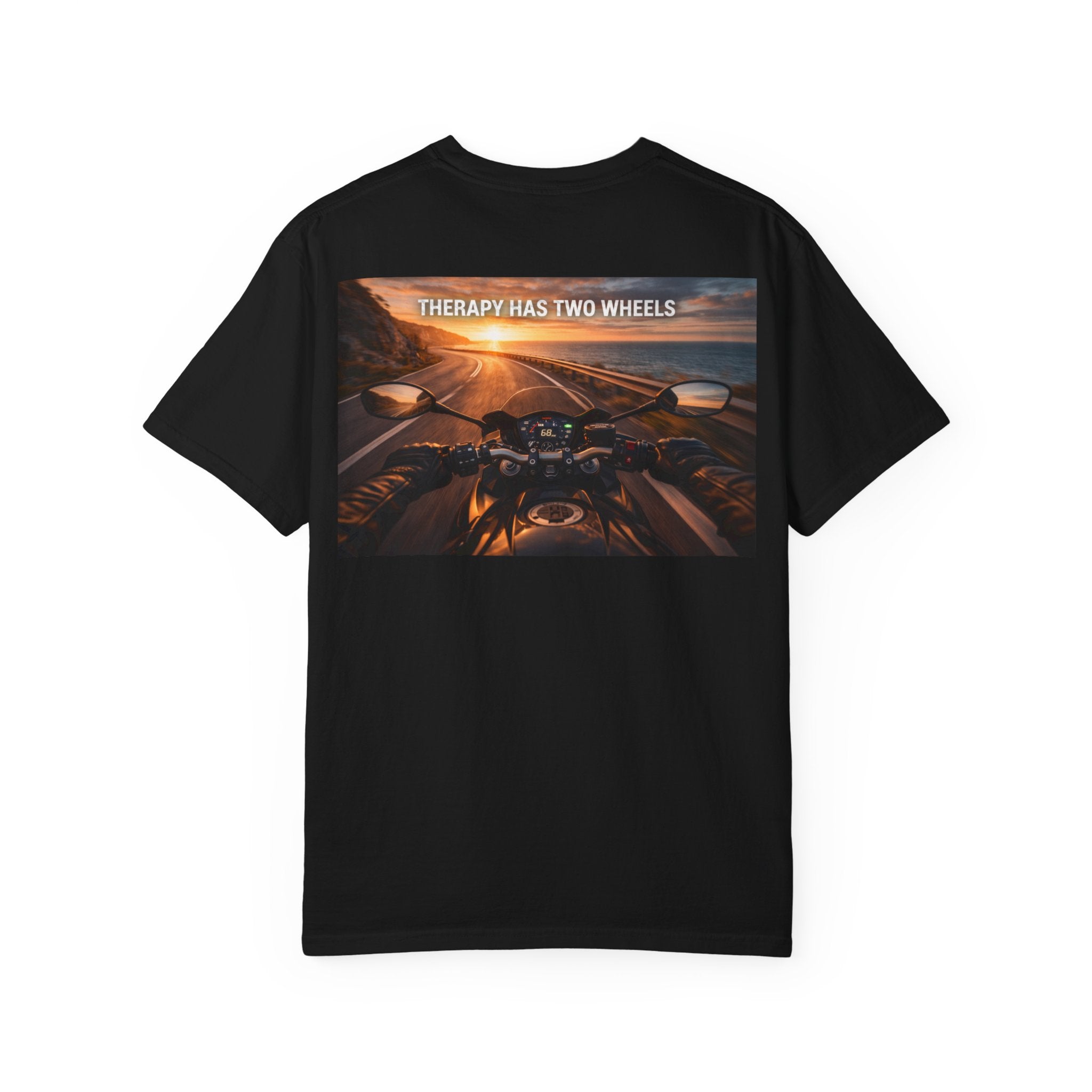 Therapy Has Two Wheels Motorcycle T-Shirt — POV Rider Sunset Ride