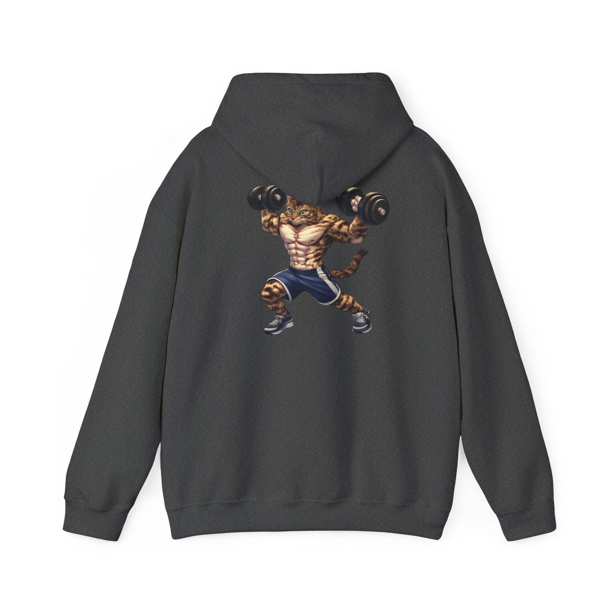 Buff Tiger Tabby Gym Hoodie — Funny Muscular Cat Lifting Dumbbells