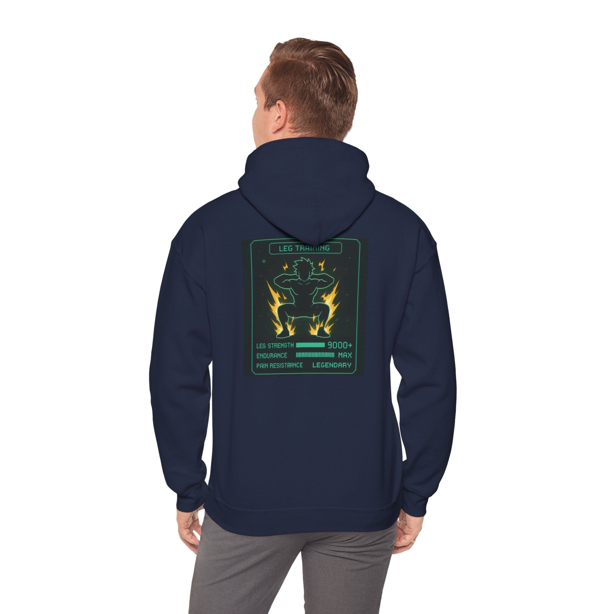 Leg Training Stats 9000+ RPG Gym Hoodie — Men’s Gaming Leg Day Motivation