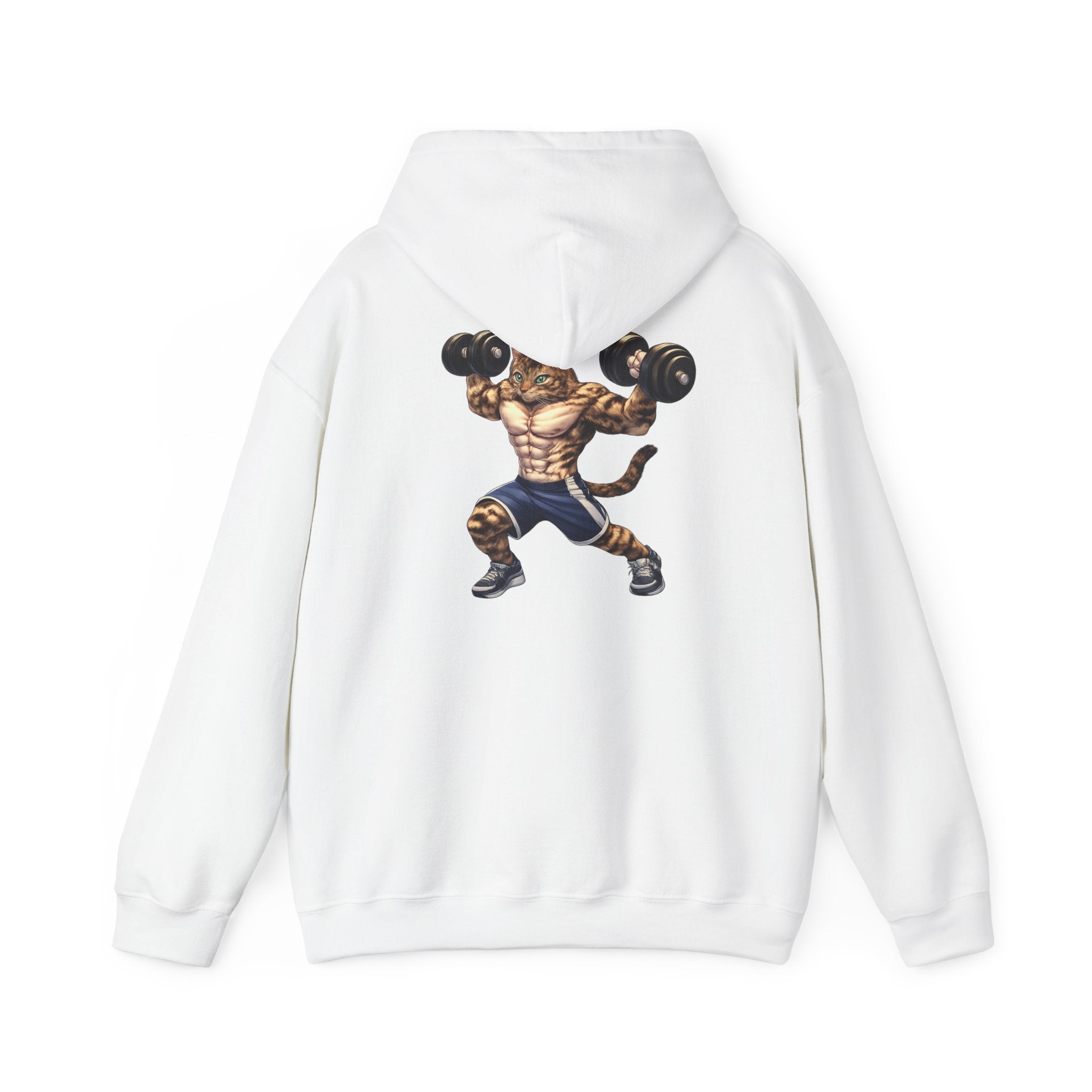 Buff Tiger Tabby Gym Hoodie — Funny Muscular Cat Lifting Dumbbells